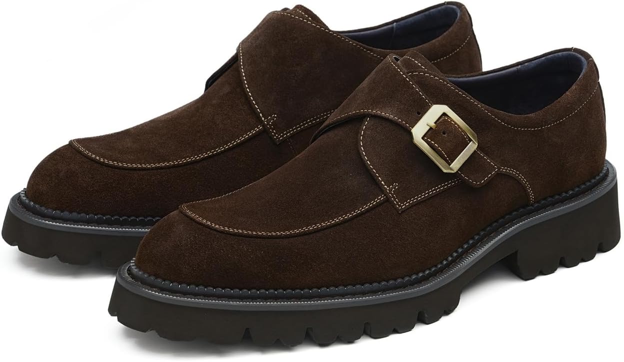 

Мужские замшевые лоферы Santimon с монк-ремешком - однонаправленные мокасины с пряжкой на единственном ремешке, подошва с протектором, с мягкой стелькой для деловых встреч, работы, свадеб, посещения церкви и путешествий, коричневый