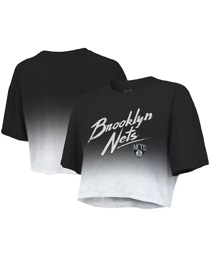 

Женская черно-белая укороченная футболка с нитками Brooklyn Nets Dirty Dribble Tri-Blend Majestic