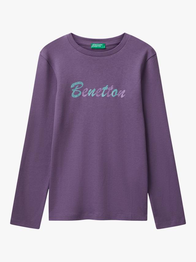 

Детская хлопковая футболка с длинным рукавом и блестящим логотипом Benetton, Violet