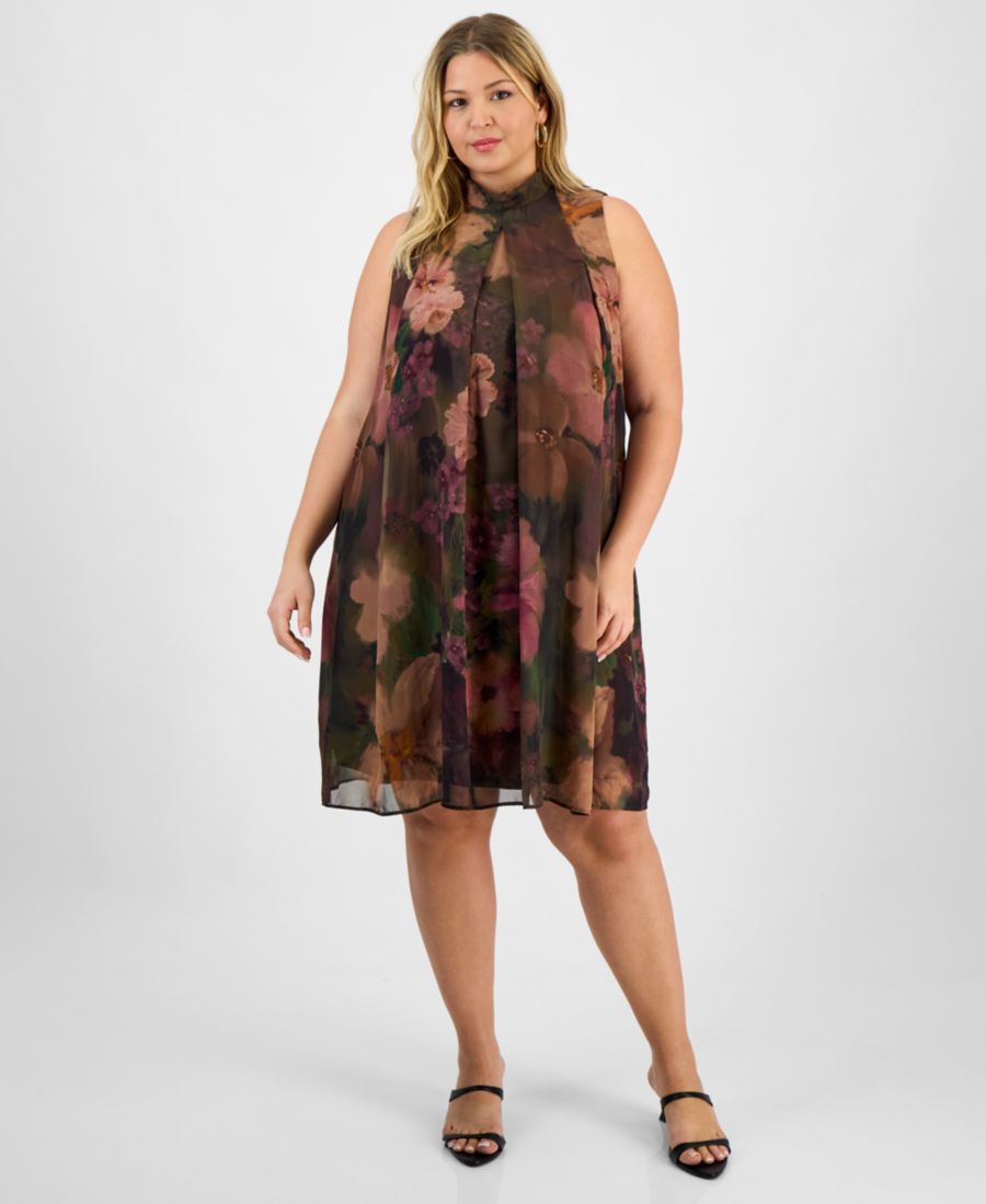 

Платье из шифона с цветочным принтом и воротником-стойкой, больших размеров Robbie Bee, Brown Multi