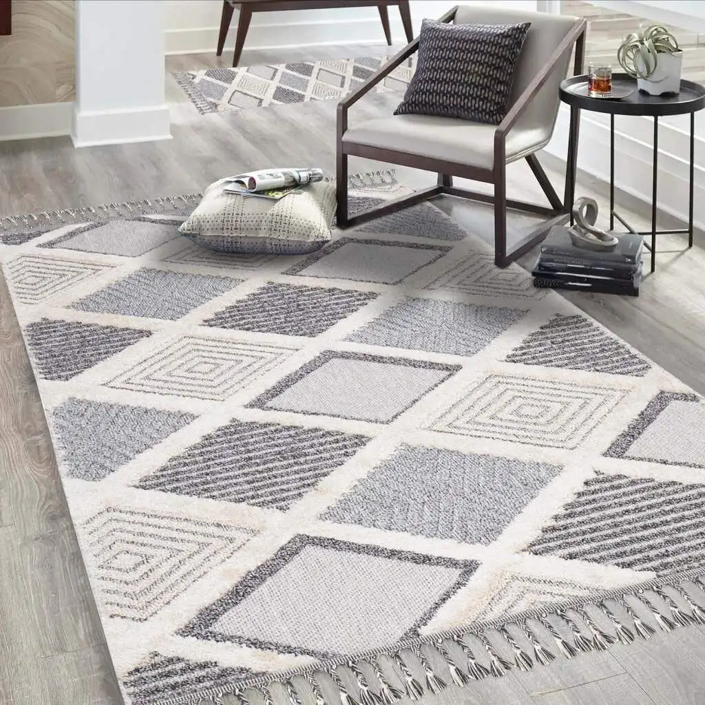 

Ковер Carpet City "Valencia 731", прямоугольный, стиль бохо, ромбовидный узор, 3D-эффект, с бахромой, сизаль 140х200 см, серо-синий/кремовый