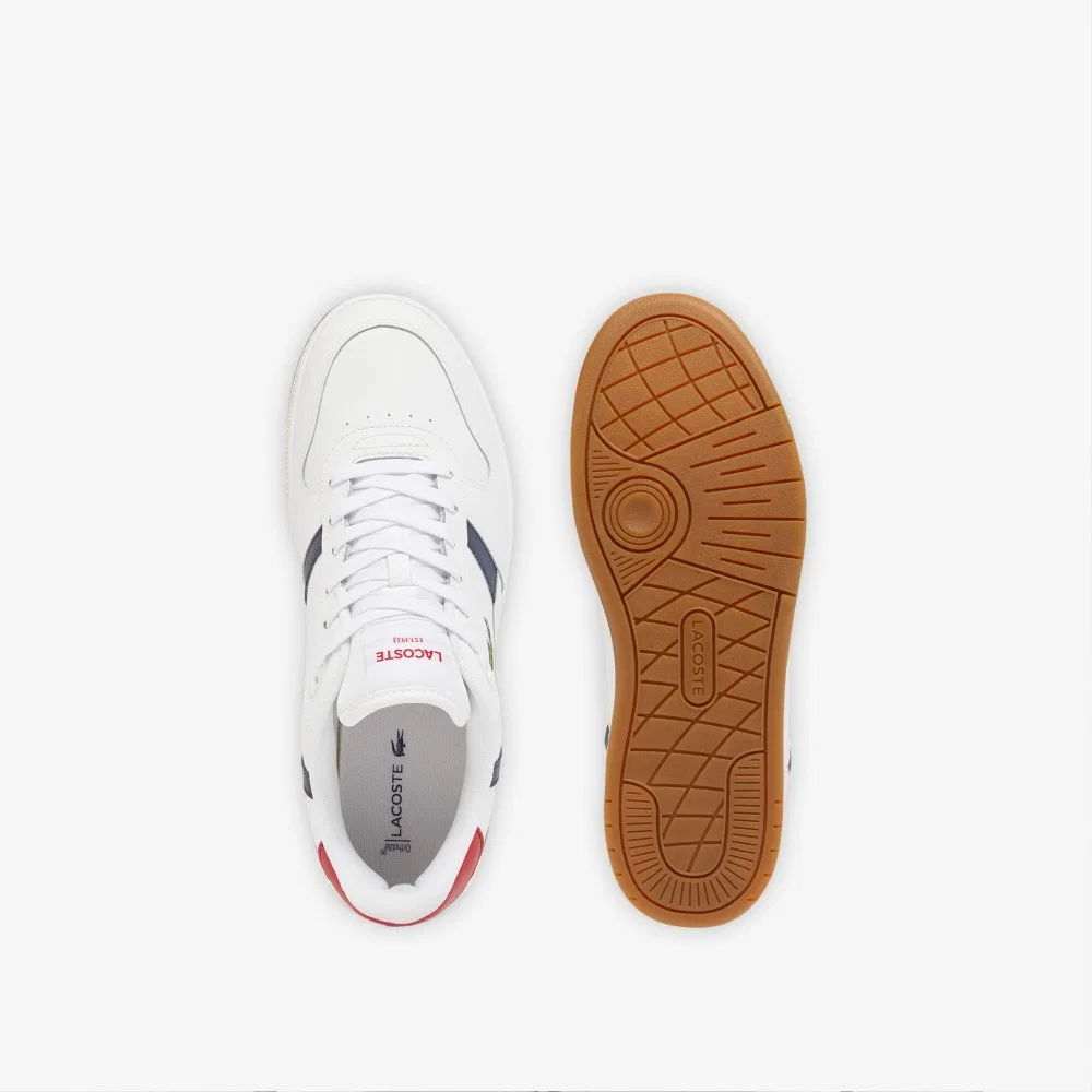 Мужские низкие кожаные кроссовки T-Clip Set бело-тёмно-сине-красные от Lacoste — фото 4