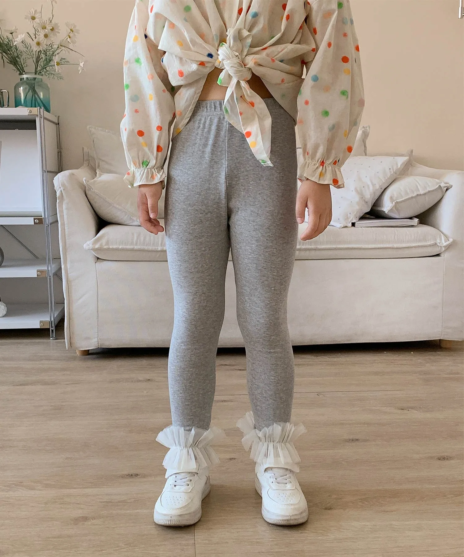 Узкие леггинсы с тюлевой оборкой Aimoha Kids, gray — фото 4