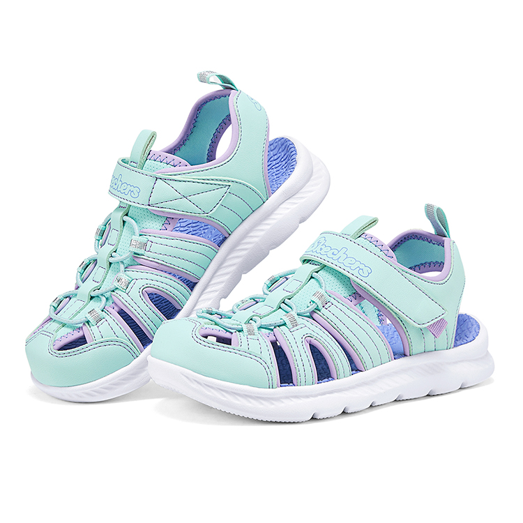 Skechers Kids Сандалии детские, износостойкие, дышащие, нескользящие, низкие, фиолетово-мятно-зеленые — фото 3