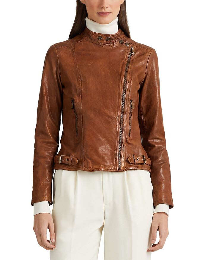 Мотоциклетная куртка из полированной кожи Lauren Ralph Lauren, коричневый — фото 3