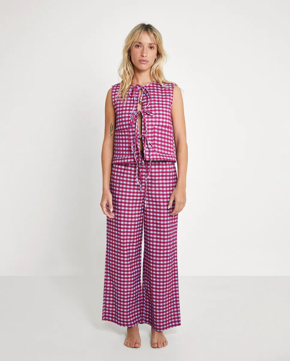 

Женские широкие брюки в клетку виши из хлопка Naëlle, фуксия