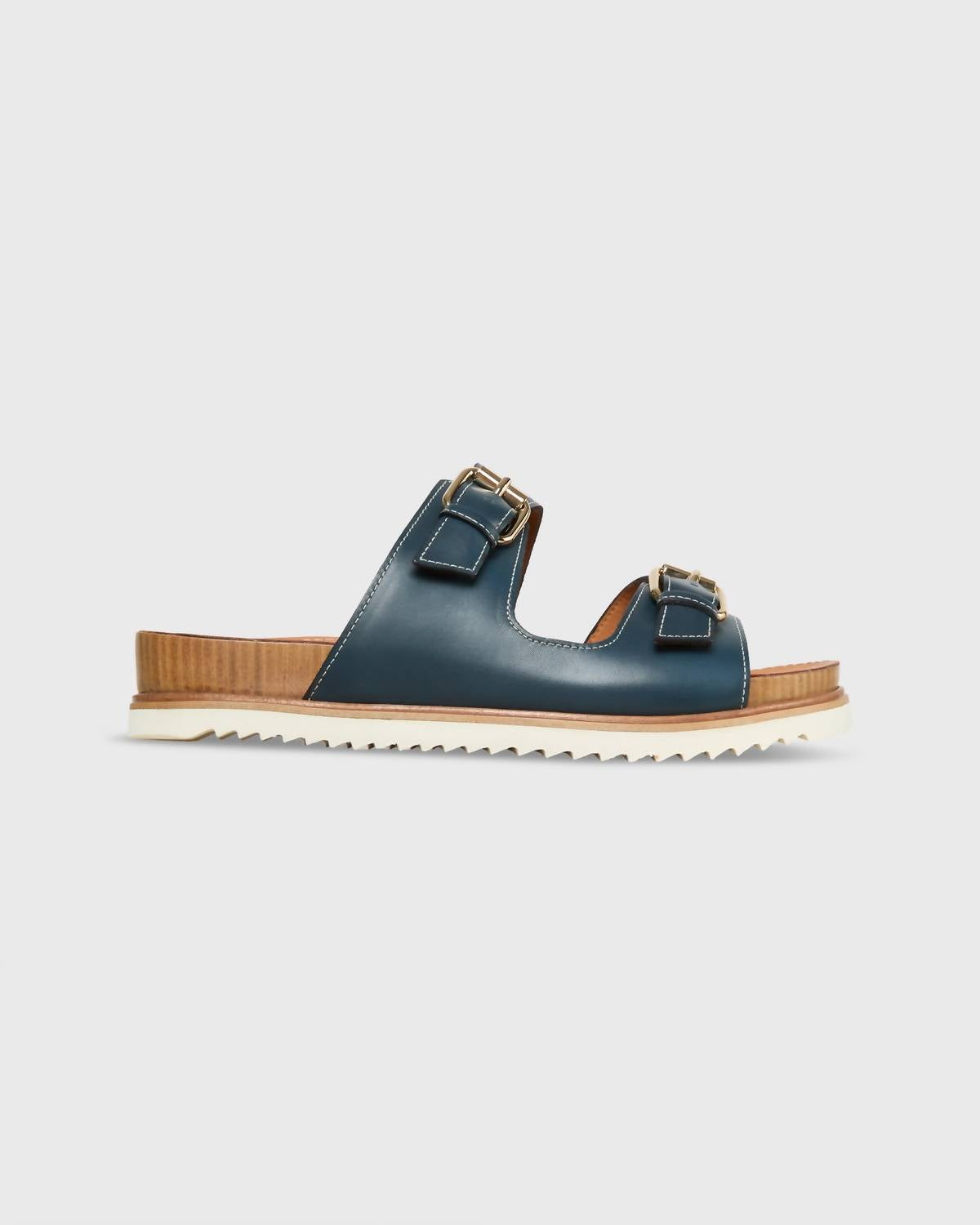Women's Double-Buckle Platform Slide Sandal In Navy Blue Ann Mashburn