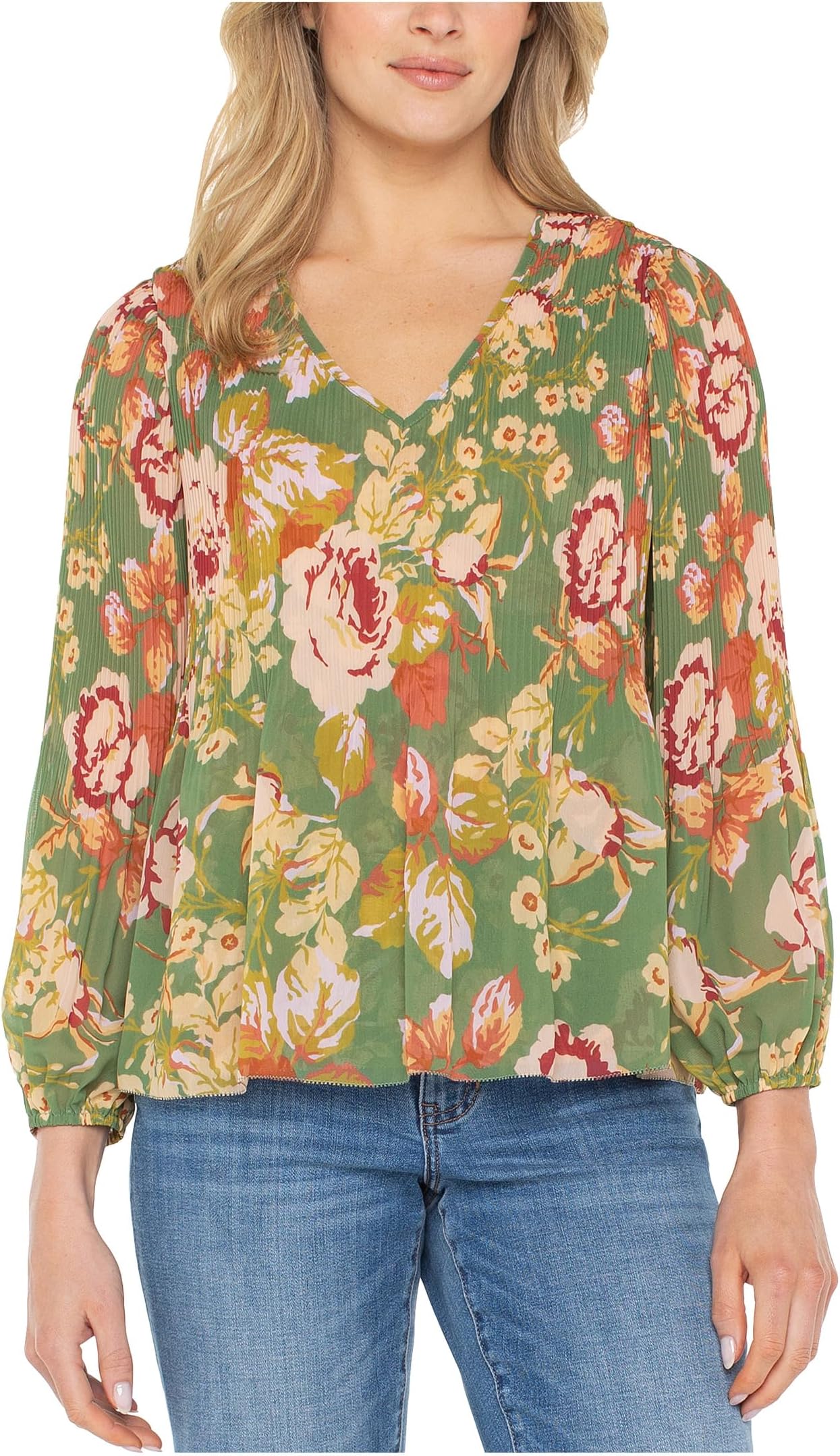 

Топ Liverpool Los Angeles Long Sleeve V-Neck Pleated Top, Green Multi Floral