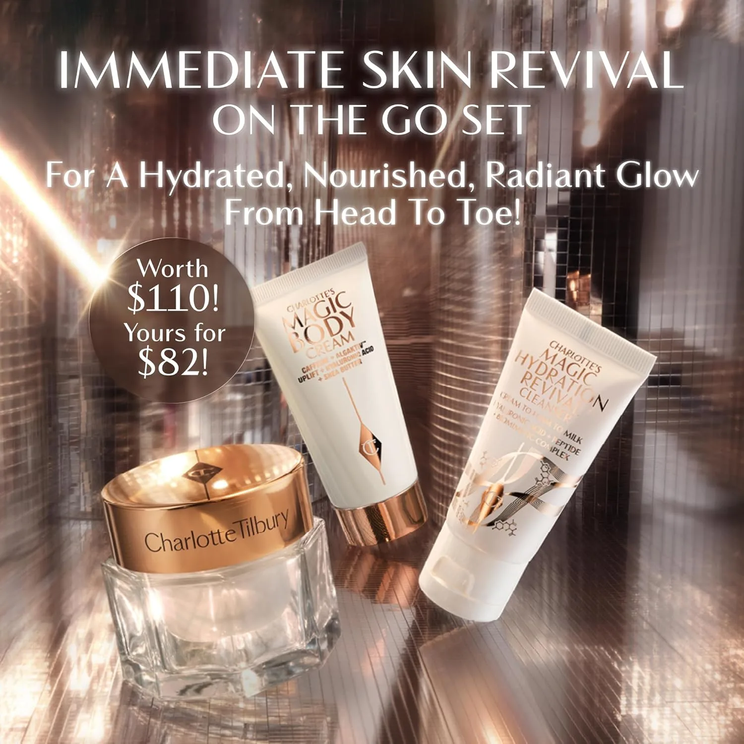 Charlotte Tilbury Immediate Skin Revival мини-набор для ухода за кожей - дорожный комплект с тоником Glow, сывороткой Magic Serum и кремом Magic Cream для здорового сияния — фото 2