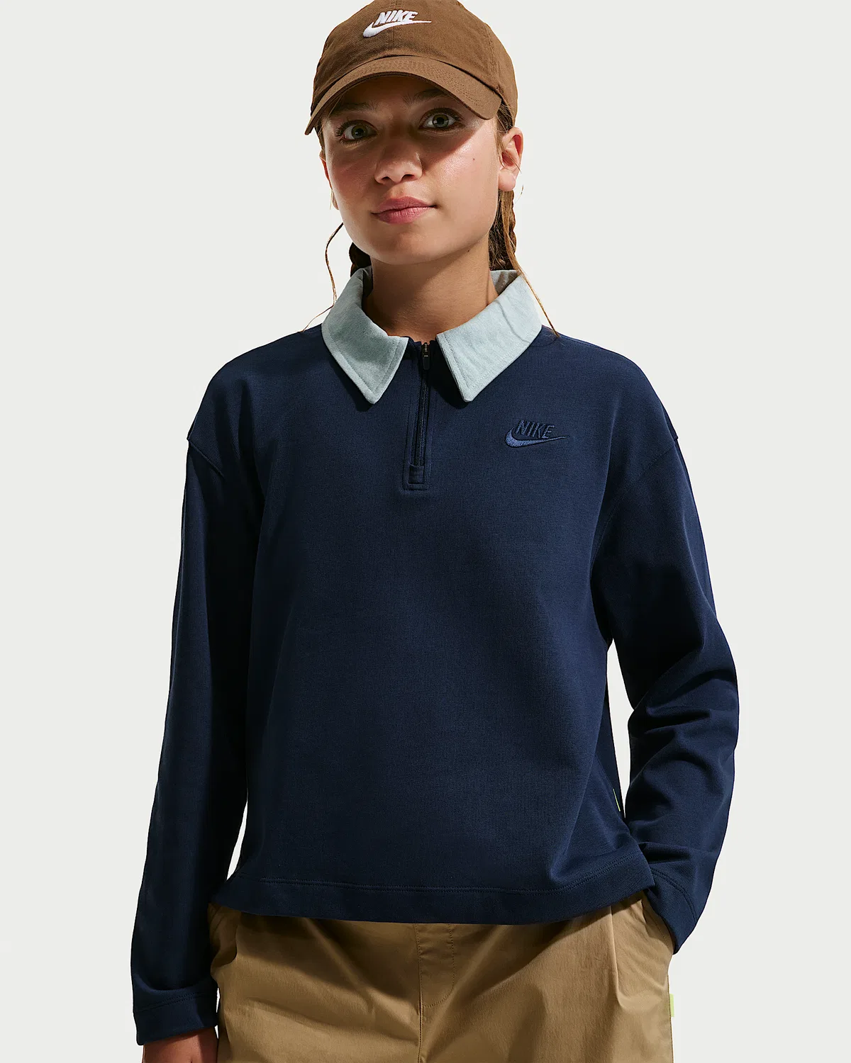 Длинный поло Nike Sportswear Collection для старших детей (девочек), Midnight Navy/Light Armory Blue/Midnight Navy