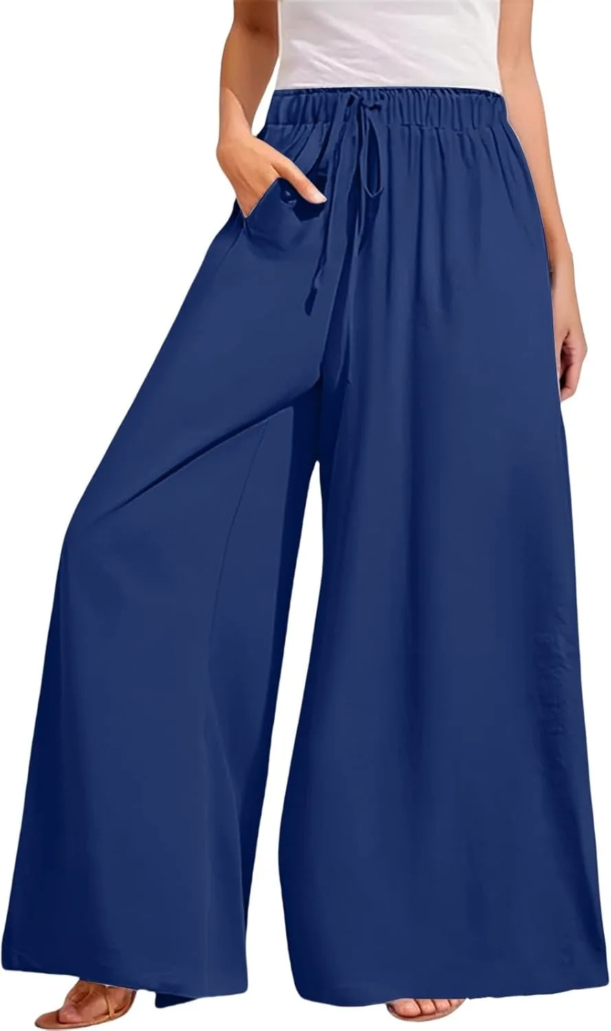 Женские брюки Plus Size с широкими штанинами, высокой талией, свободного кроя, повседневные палаццо, лето 2025, для отдыха, бохо, пляжные, с карманами Generic, синий