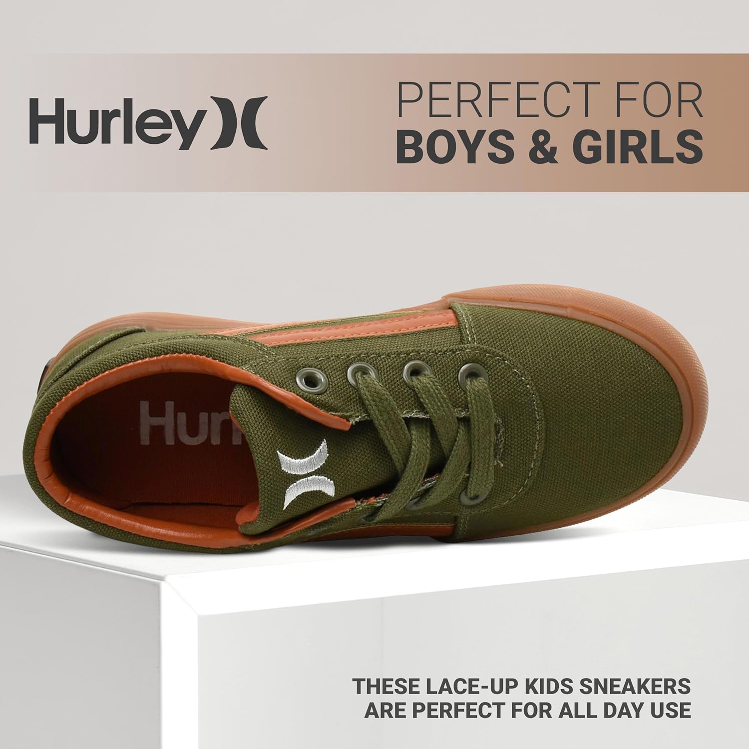 Кеды Hurley Boardy Kids с шнуровкой - низкие кроссовки для скейтборда для детей, спортивная обувь для мальчиков и девочек, бежевый/хаки — фото 3