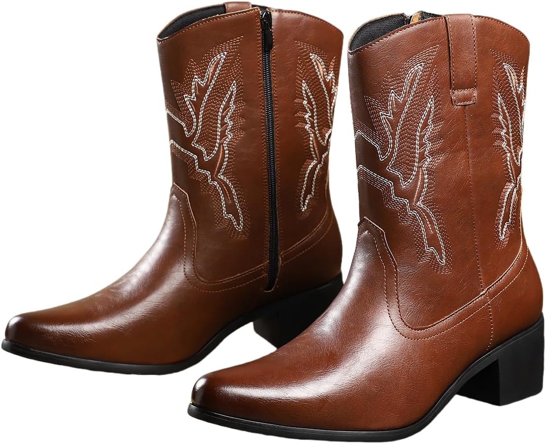 

Мужские ковбойские сапоги Hhhchpm с заостренным носком, вестерн, ретро, прочные классические модные вышитые ковбойские сапоги средней длины с боковой молнией, коричневый