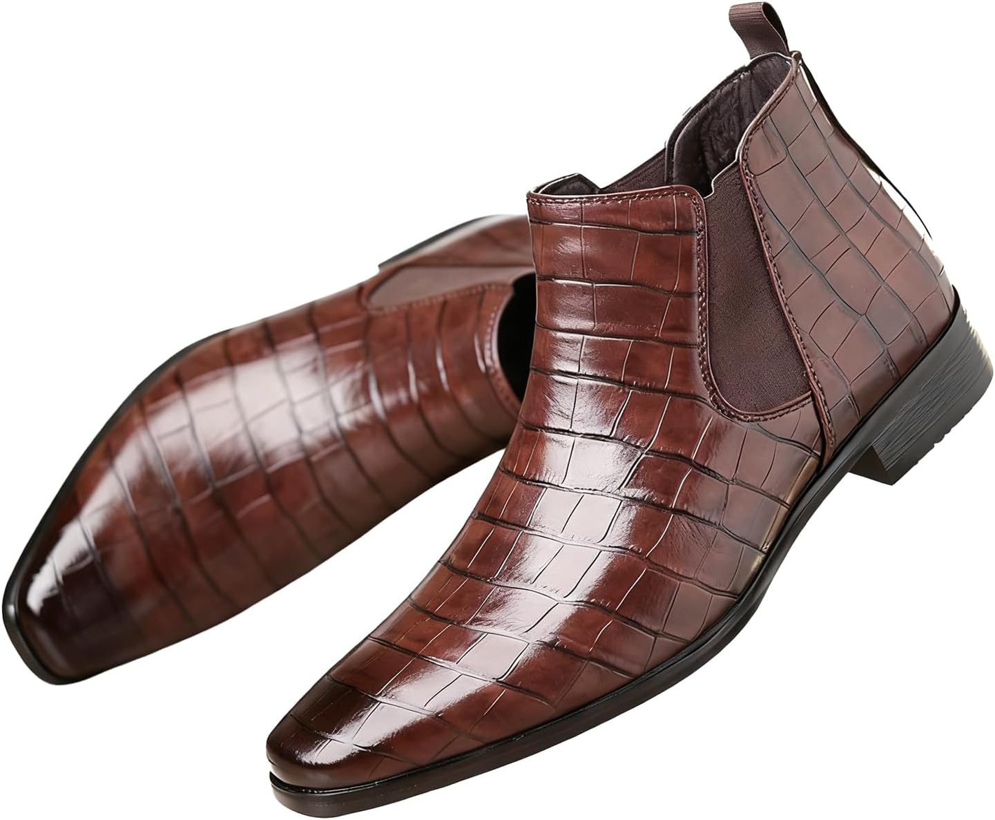 

Модные мужские челси-ботинки из кожи с принтом, заостренный носок, без шнуровки, низкий массивный каблук, ретро стиль, деловые ботинки-чакка до щиколотки для официальных мероприятий, свадеб, вечеринок и повседневной работы Enoegmsd, темно-коричн...