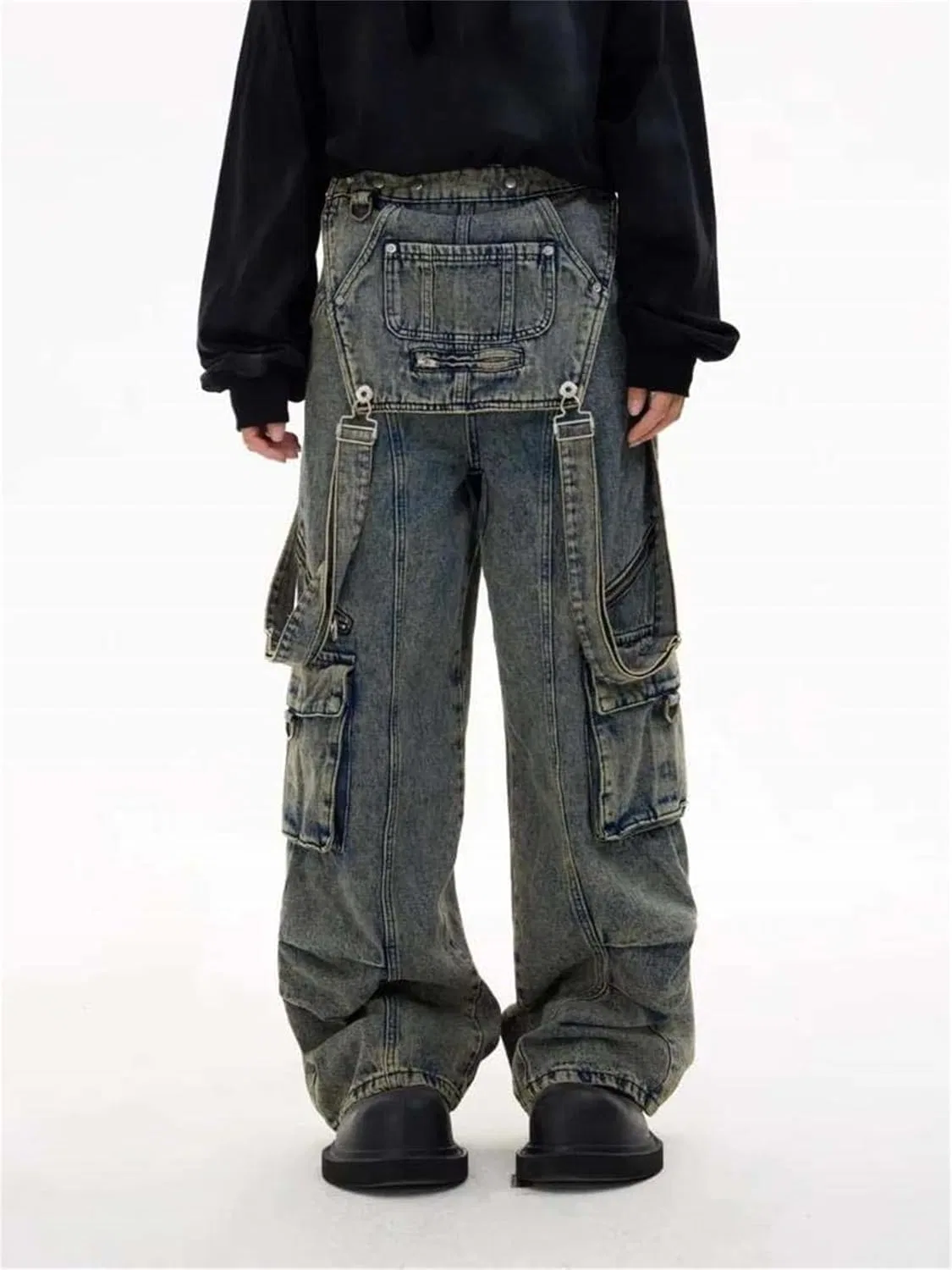 Джинсы широкие с отстегивающимися лямками, Синий — фото 3