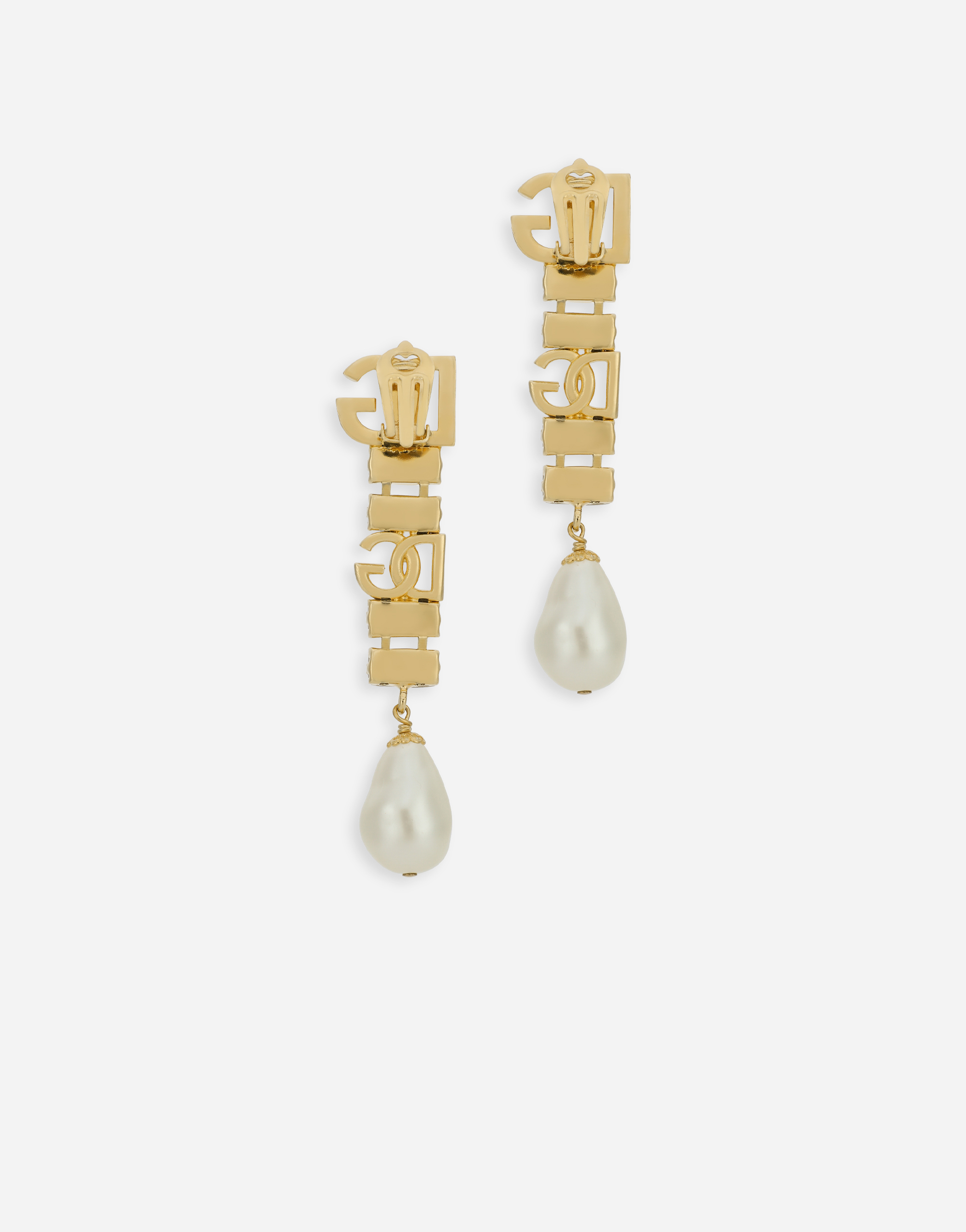Серьги-подвески с жемчугом, стразами и логотипом dg Dolce & Gabbana, золото — фото 2