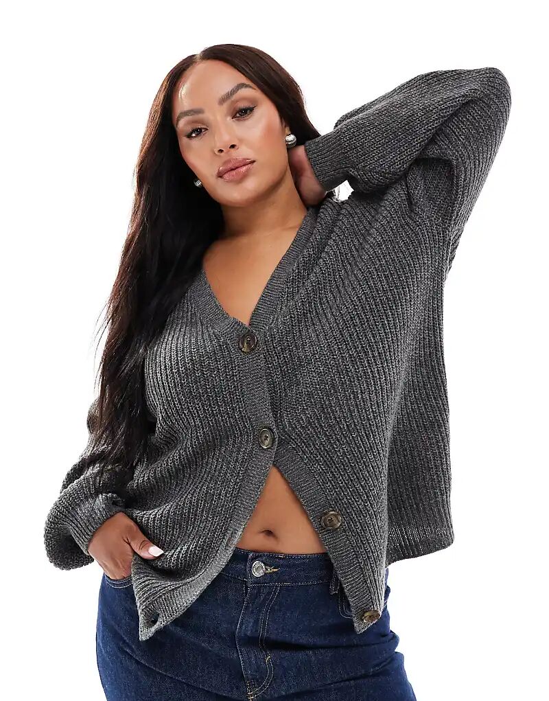 

Кардиган Vero Moda Curve с пуговицами и объемным ребром в цвете «асфальтовый серый»