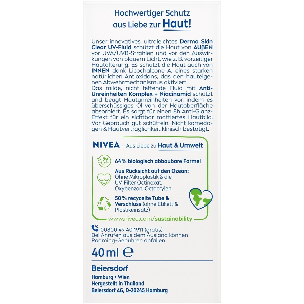 Солнцезащитный крем nivea sun derma skin clear uv-fluid lsf50+ Nivea, объем 40 мл — фото 2