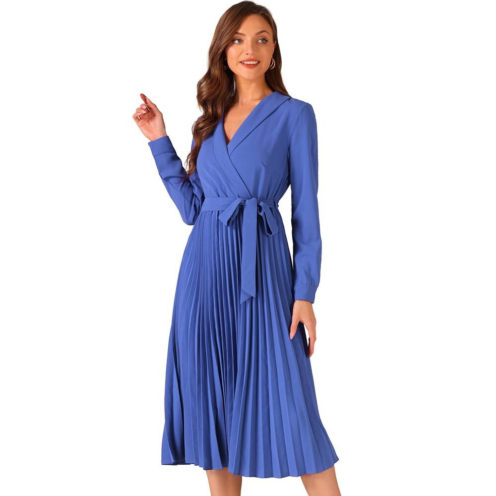 

Плиссированное платье для женщин, офисные платья миди с шалевым воротником и поясом ALLEGRA K, цвет Royal Blue