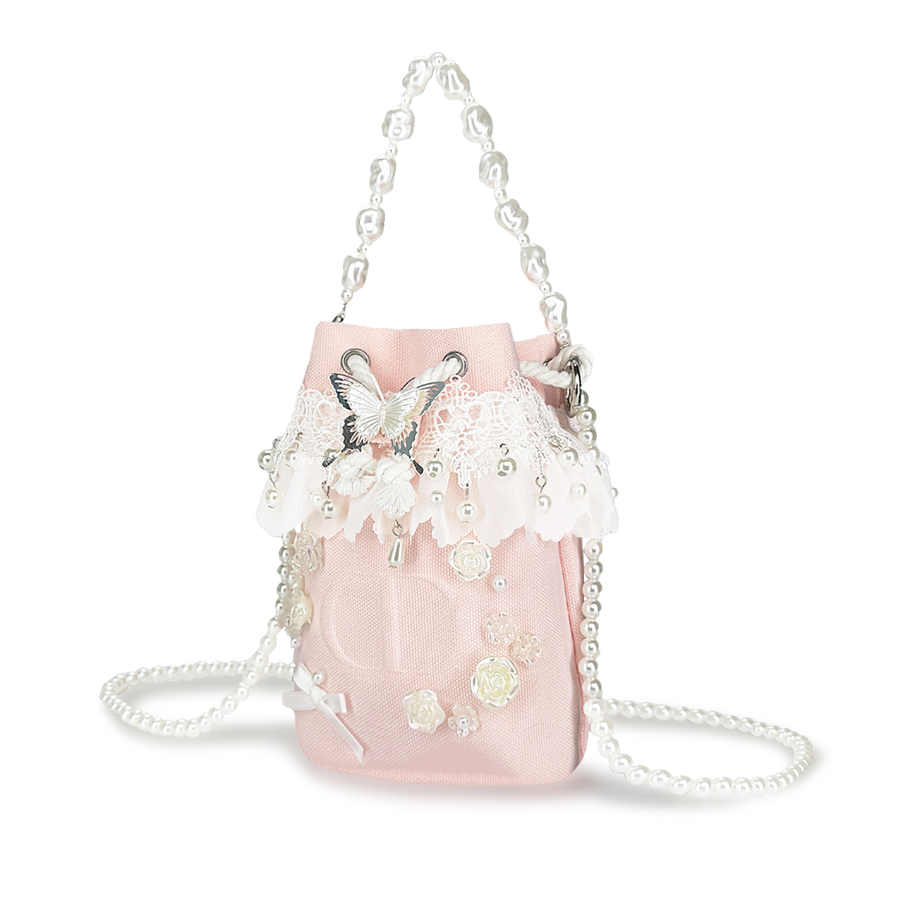 Косметичка Dior с кружевом, жемчугом и декоративной бабочкой, розовый + подарочная коробка — фото 4