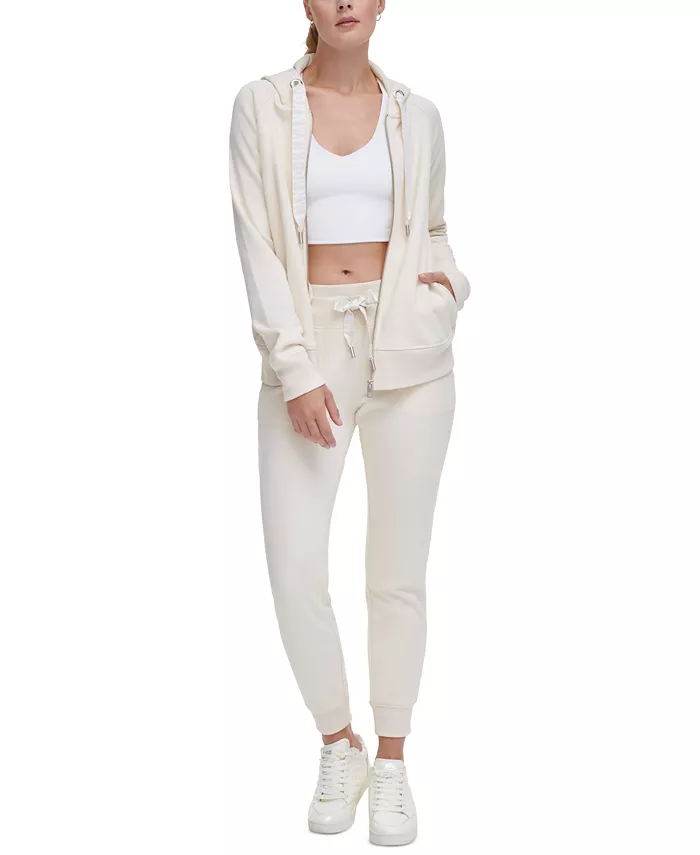 

Женская флисовая худи с логотипом на молнии и кулиской DKNY, коричневый/бежевый