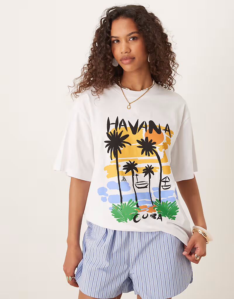 

Футболка свободного кроя с принтом Havana Cuba ASOS DESIGN белого цвета
