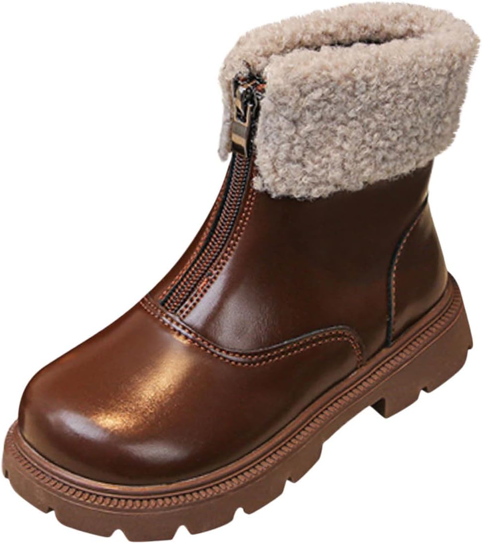 

3.5-10T Детские зимние ботинки для девочек на щиколотку, утепленные флисом и шерпой, кожаные ботиночки, короткие ботинки в британском стиле Generic, Brown