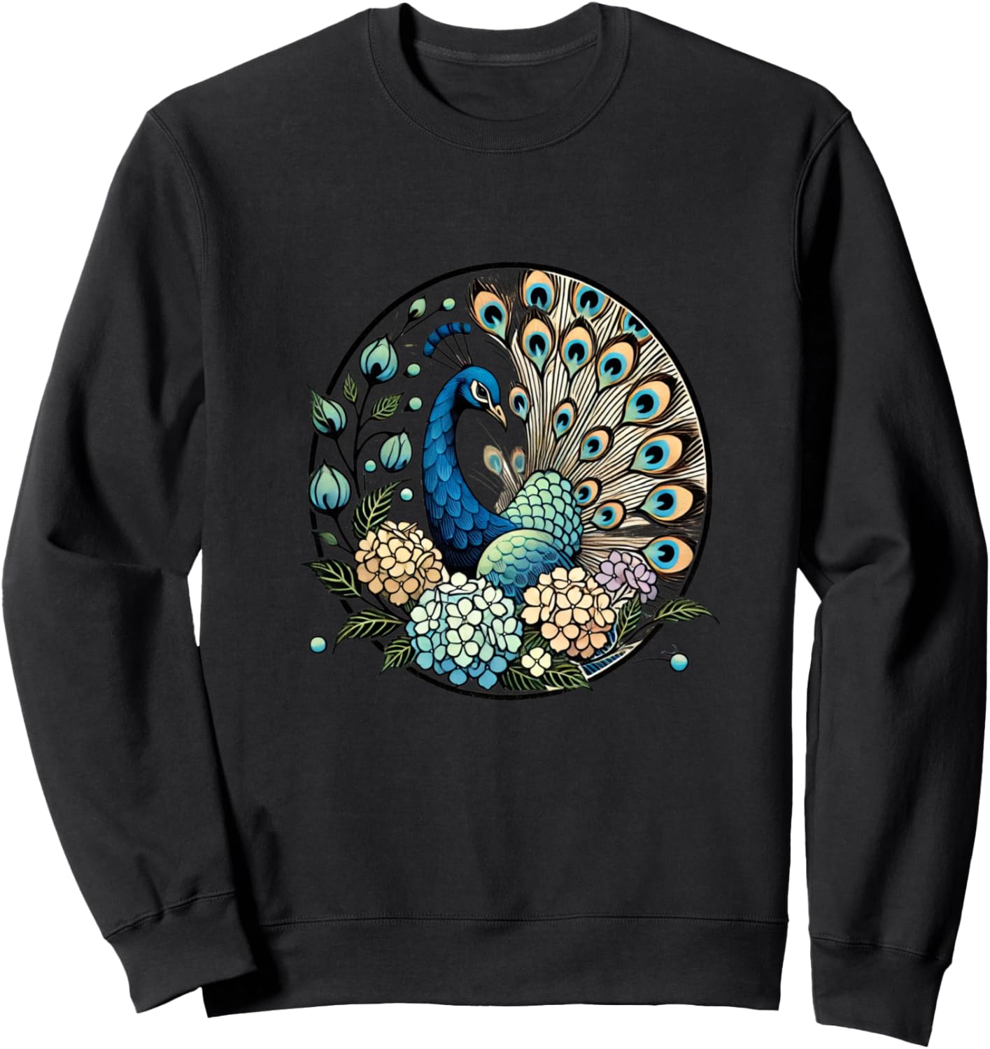

Иллюстрация павлина и гортензии. толстовка с изображением цветка павлина Retro Peacocks Lovers Snugg, черный