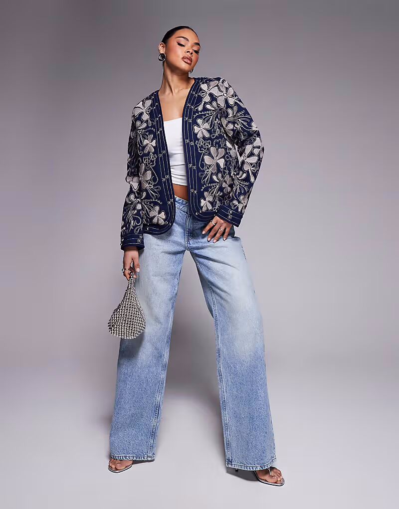 

Плащ River Island с цветочным узором и заклепками темно-синего цвета