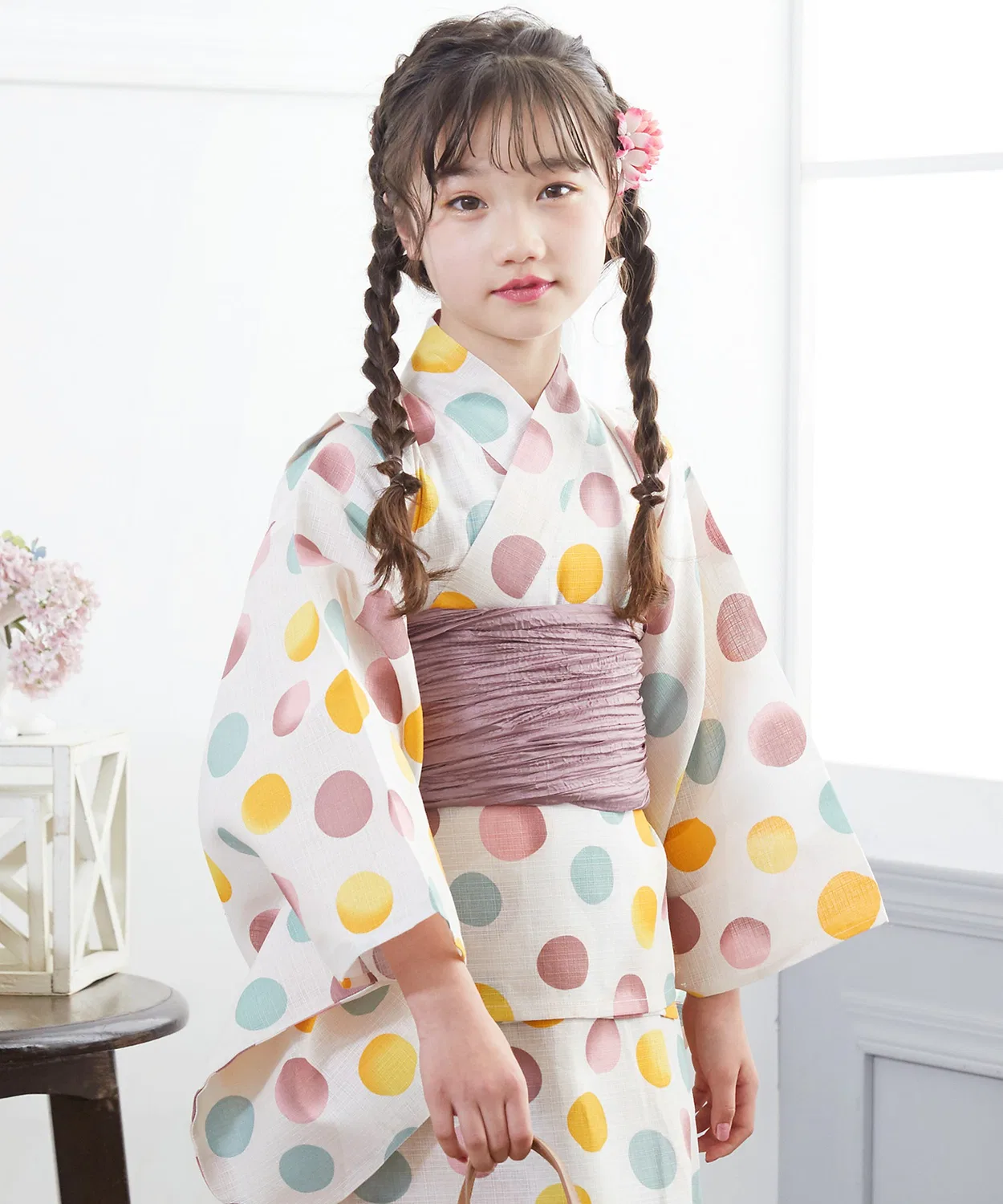 Детский 2way комплект юкаты с цветочным узором, бренд Kyoto Kimono Town, 3 предмета, бело-розовый