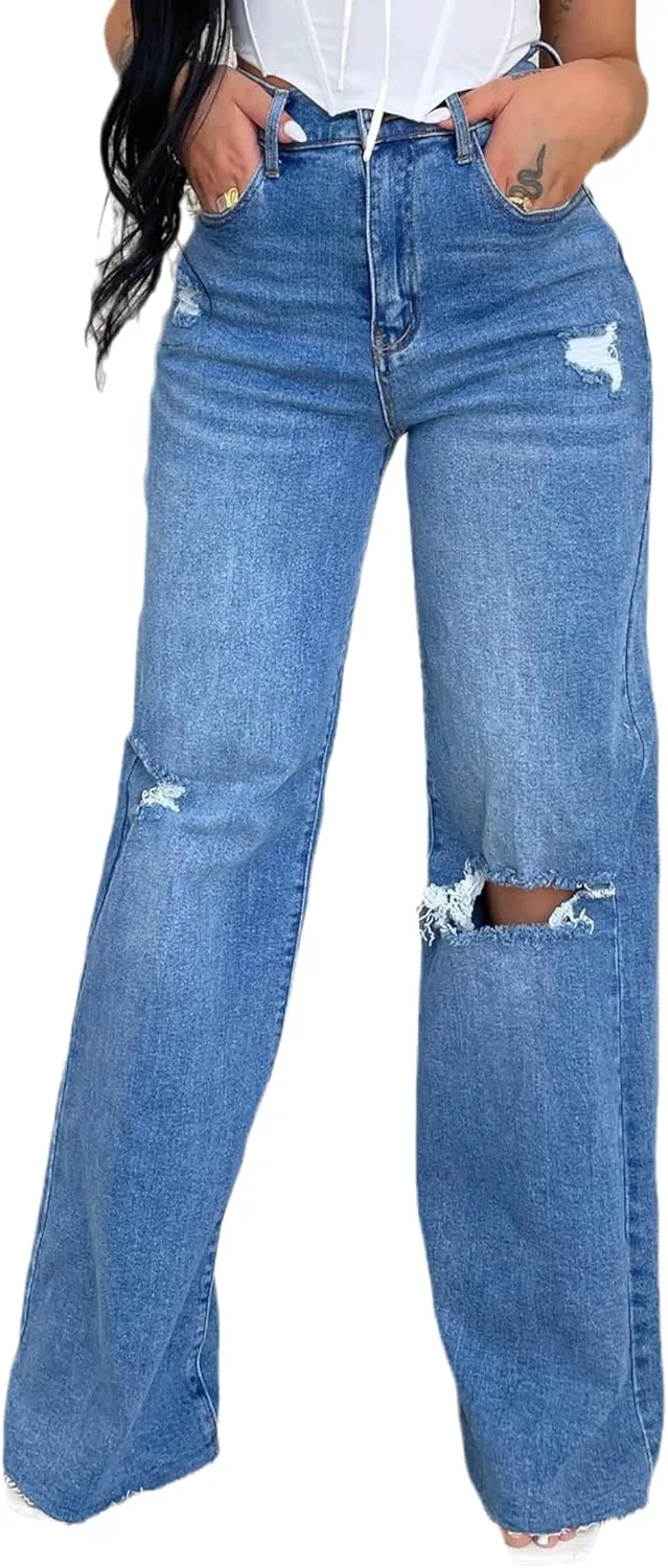 

Женские рваные джинсы с высокой талией, прямые, distressed TACSTRUN