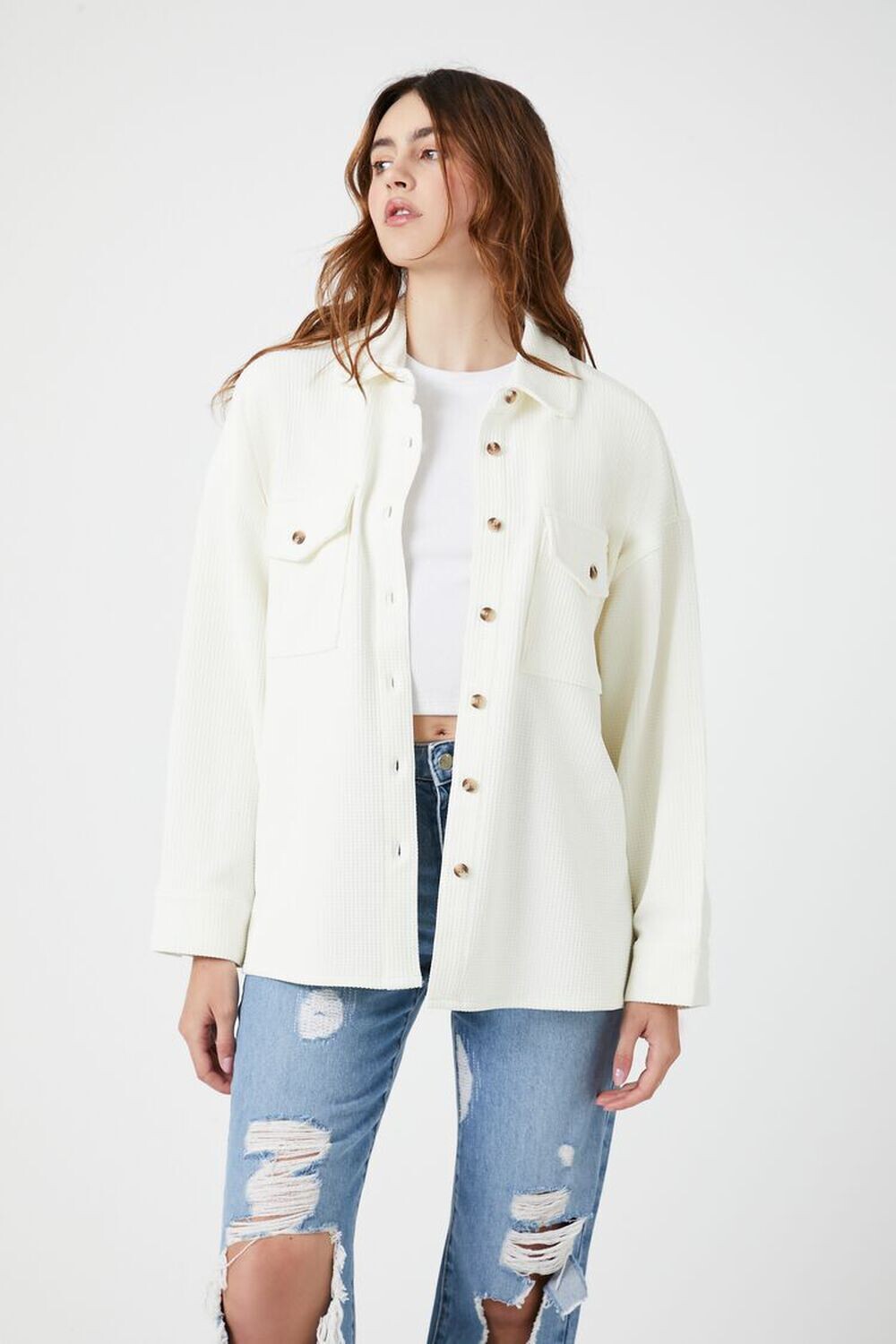 

Рубашка с откидными рукавами Forever 21, слоновая кость