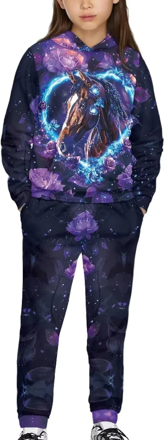 Детский спортивный костюм с принтом, Yuuxorilu, 2 предмета, Purple Horse With Purple Heart Printed