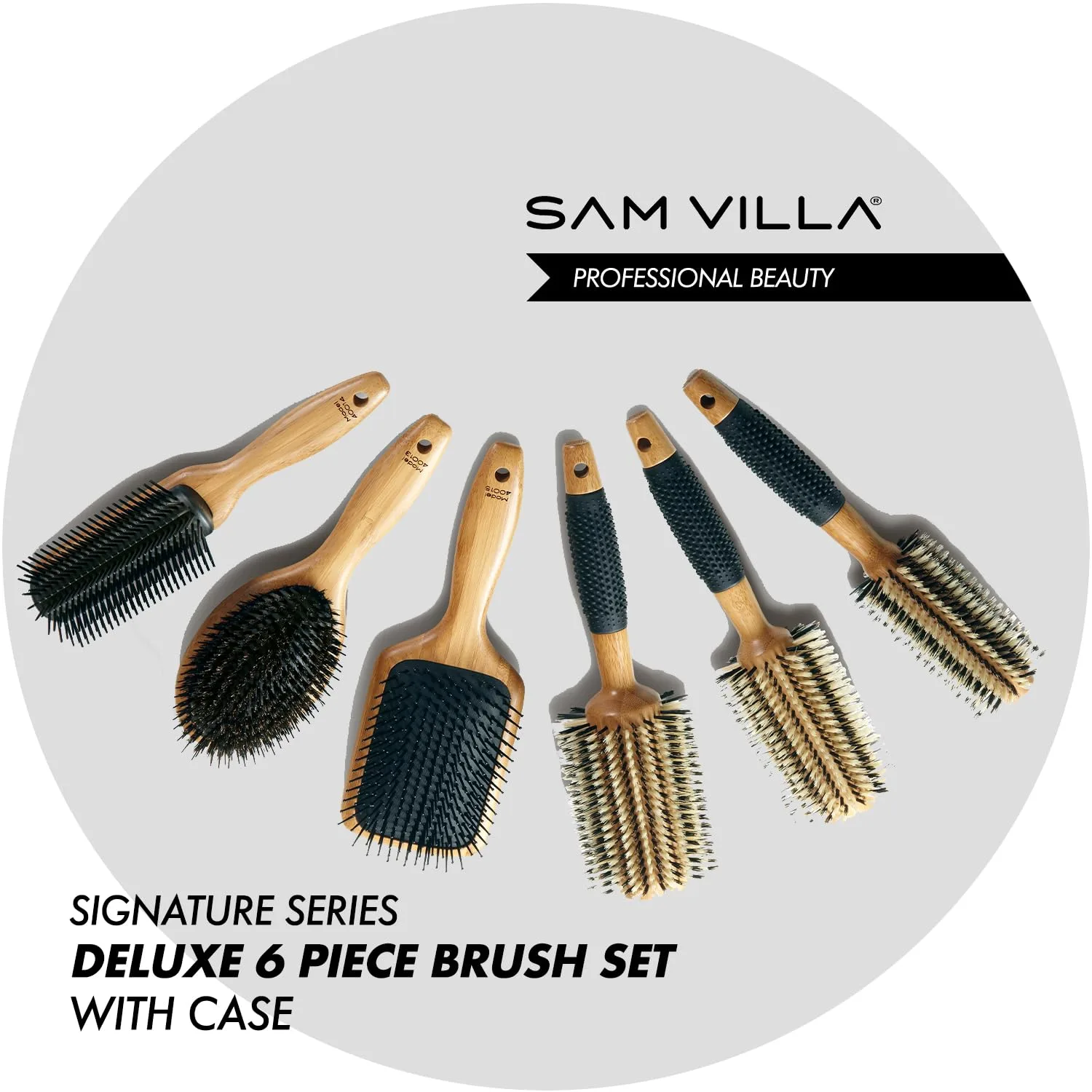 Набор из 6 щеток для укладки волос Sam Villa Signature Series из нейлона и кабаньей щетины с чехлом., Bamboo — фото 2