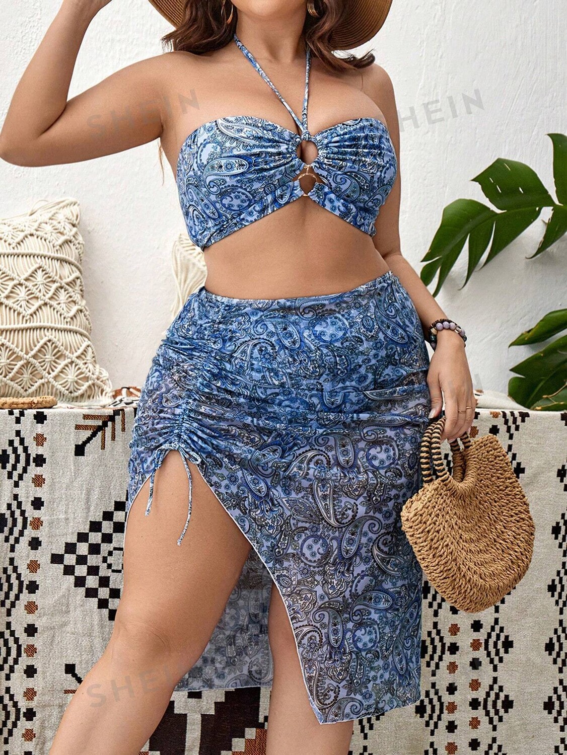 

Купальник с лямкой на шее и принтом пейсли, плюс размер, летний пляжный комплект с пляжной юбкой Shein, синий