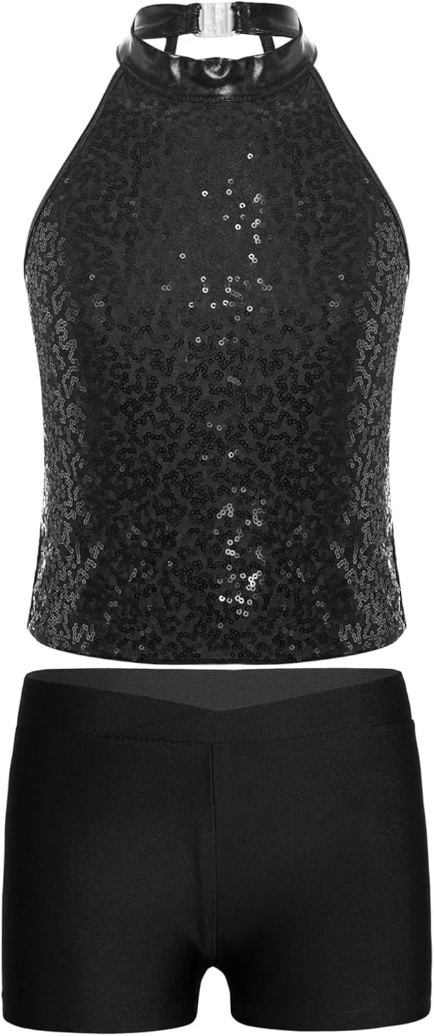 Детский спортивный костюм с пайетками easyforever, топ и шорты, Black — фото 3