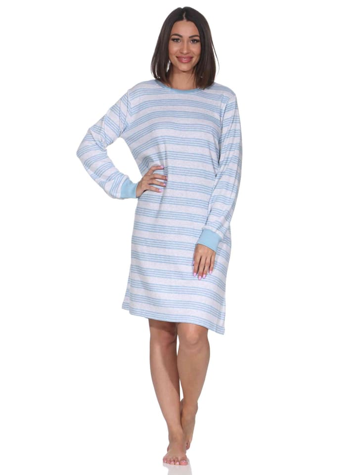 

Уютная ночная рубашка из интерлока с длинными рукавами в полоску синего цвета NORMANN
