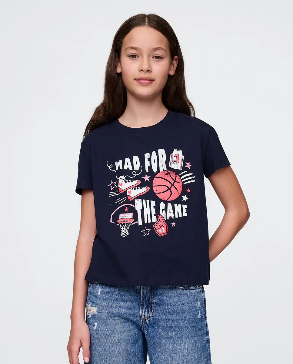 

Футболка для девочек из мягкого хлопкового трикотажа с круглым вырезом и короткими рукавами Gap, тёмно-синий