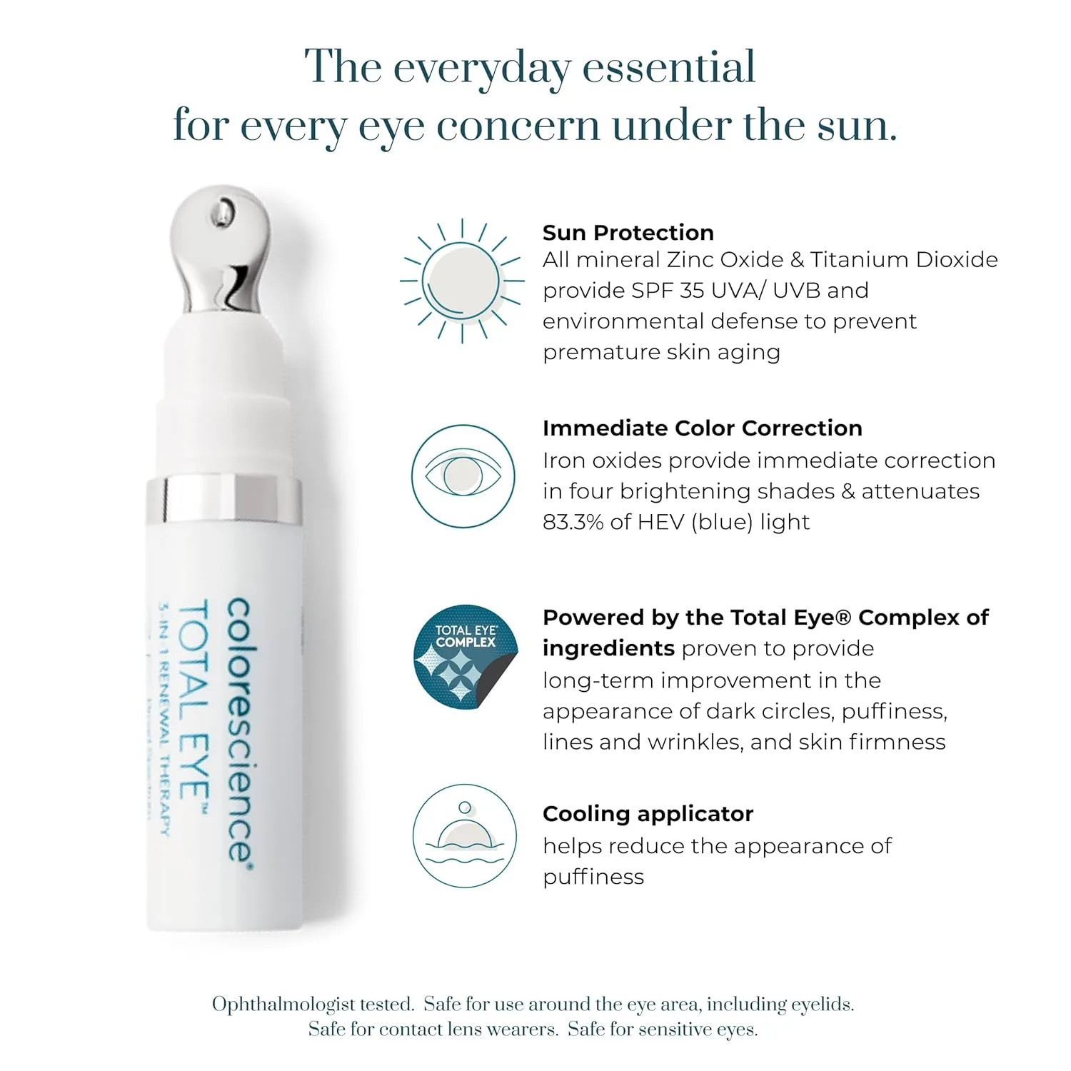 Colorescience Total Eye 3-in-1 Renewal Therapy SPF 35, защита от широкого спектра UVA/UVB-лучей, клинически доказанная коррекция цвета и осветление, охлаждающий аппликатор для уменьшения отечности. 1 штука (1 шт.), Medium — фото 2