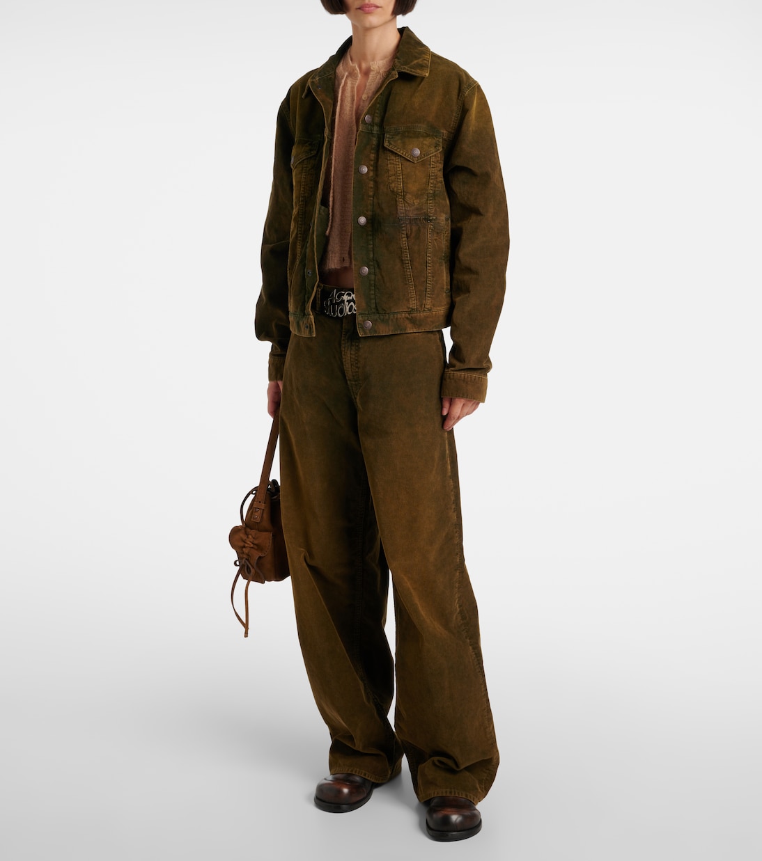 Брюки широкие из хлопкового вельвета со средней посадкой Acne Studios, Olive Green — фото 2