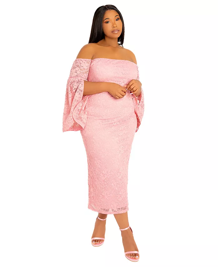 

Платье миди с кружевом и открытыми плечами больших размеров Buxom Couture, фиолетовый