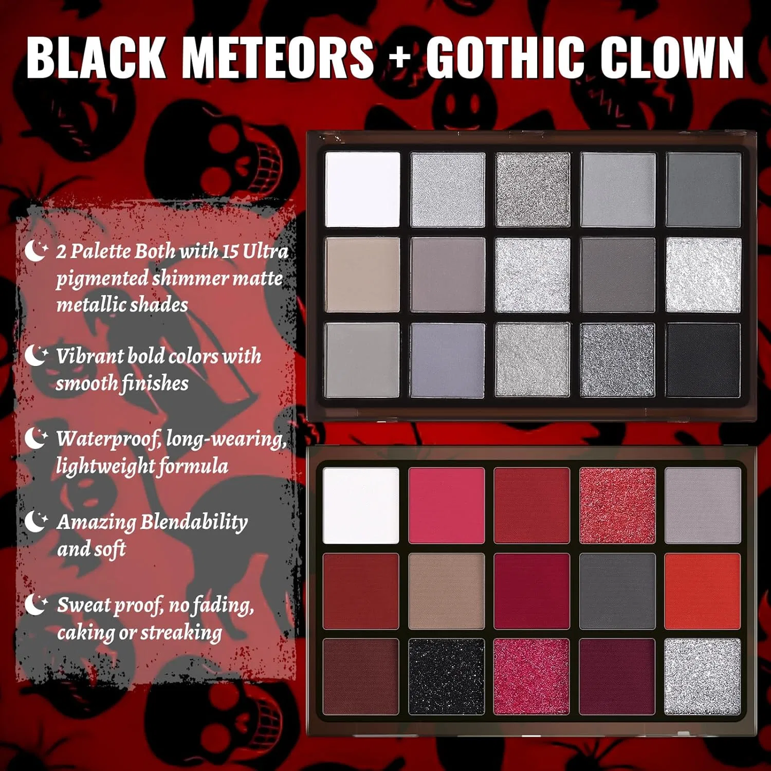 Палетка теней для век UCANBE Halloween Makeup Set Black Red Shimmer Matte Ucanbe, Black Meteors + Gothic Clown Kit — фото 2