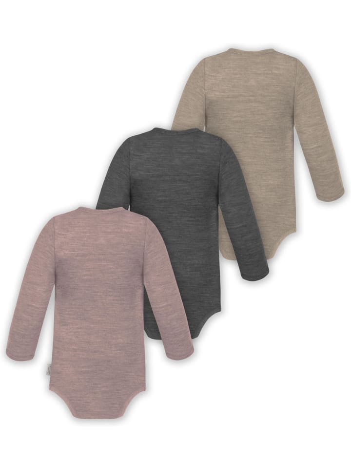 Normani Outdoor Sports Комплект из 3 детских боди с длинными рукавами из мериносовой шерсти, бежевого/антрацитового/розового цвета — фото 2