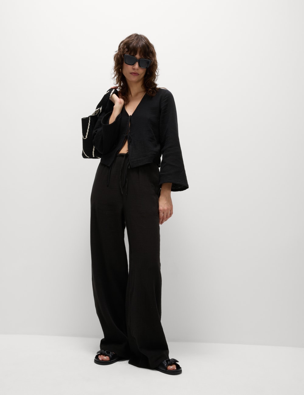 

Брюки из чистого хлопка на завязках Marks & Spencer, черный