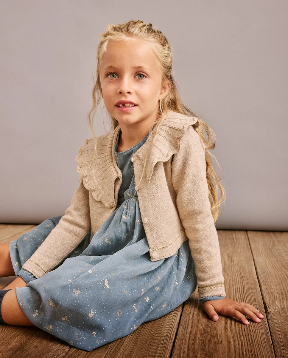 

Вязаная куртка с люрексным воротником и бантом, тонкая вязка для девочки Coconut El Corte Inglés, бежево-серый