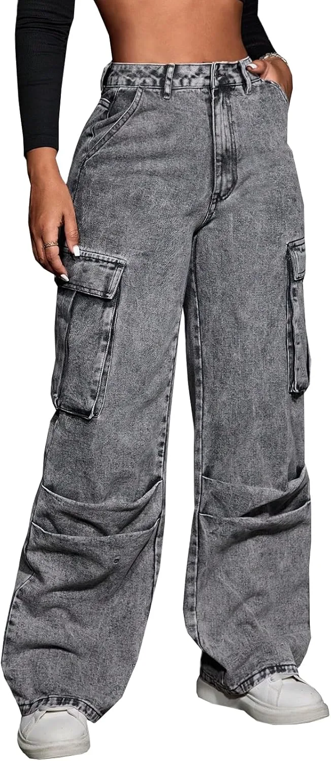 

Женские джинсы-карго с защипами, винтажные, с высокой талией и широкими штанинами Wonyier