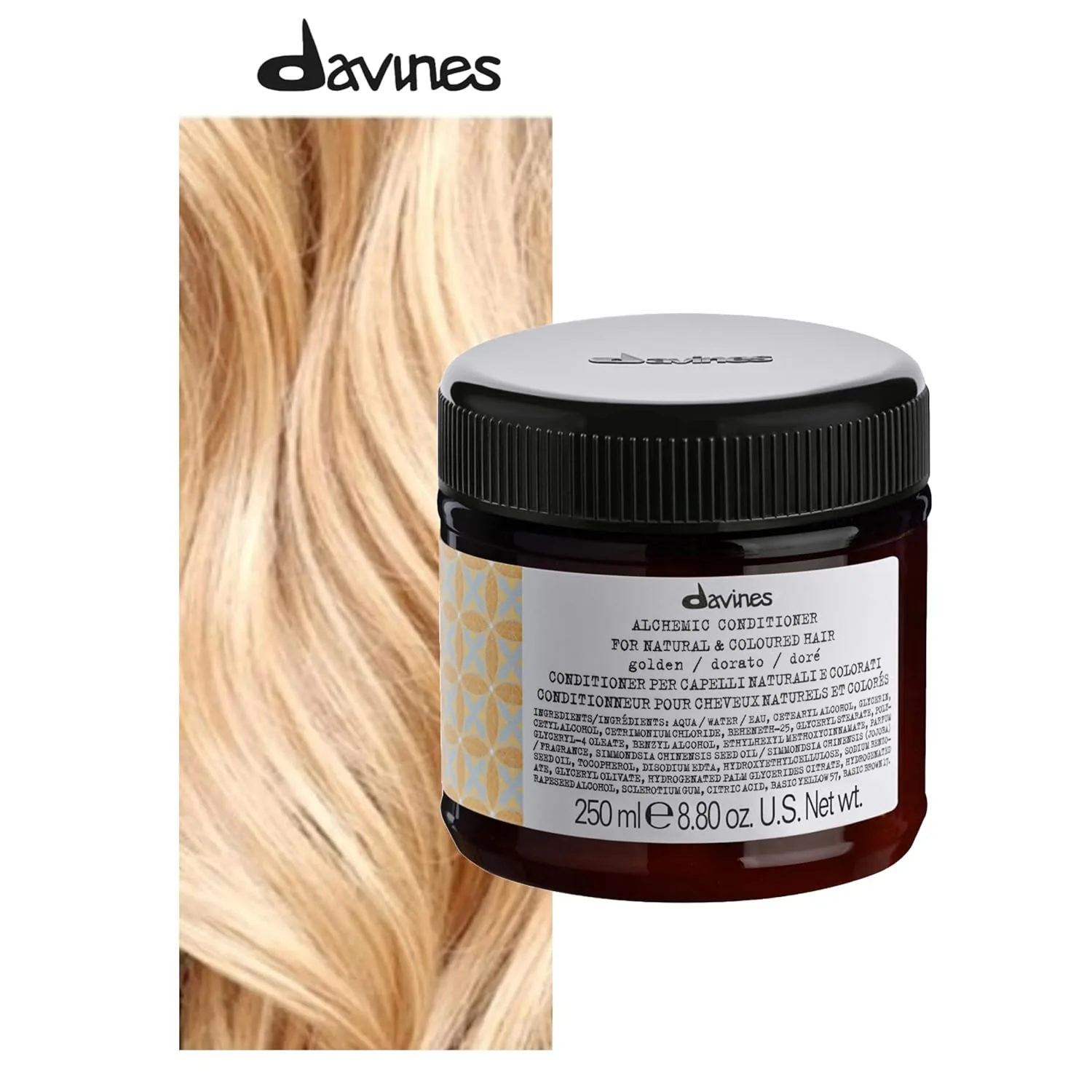 Кондиционер Davines Alchemic Golden, крем для окрашивания волос золотистого и медового оттенка - усиливает и увлажняет теплые светлые тона с маслом жожоба, 240 мл — фото 2