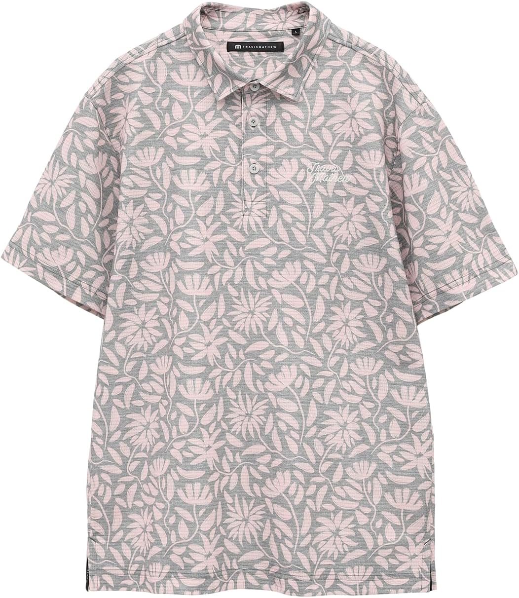 

Мужская рубашка-поло с коротким рукавом (влагоотводящая, быстросохнущая, с цветочным принтом) / для гольфа / 7AL028 Travis Mathew, светло-розовый