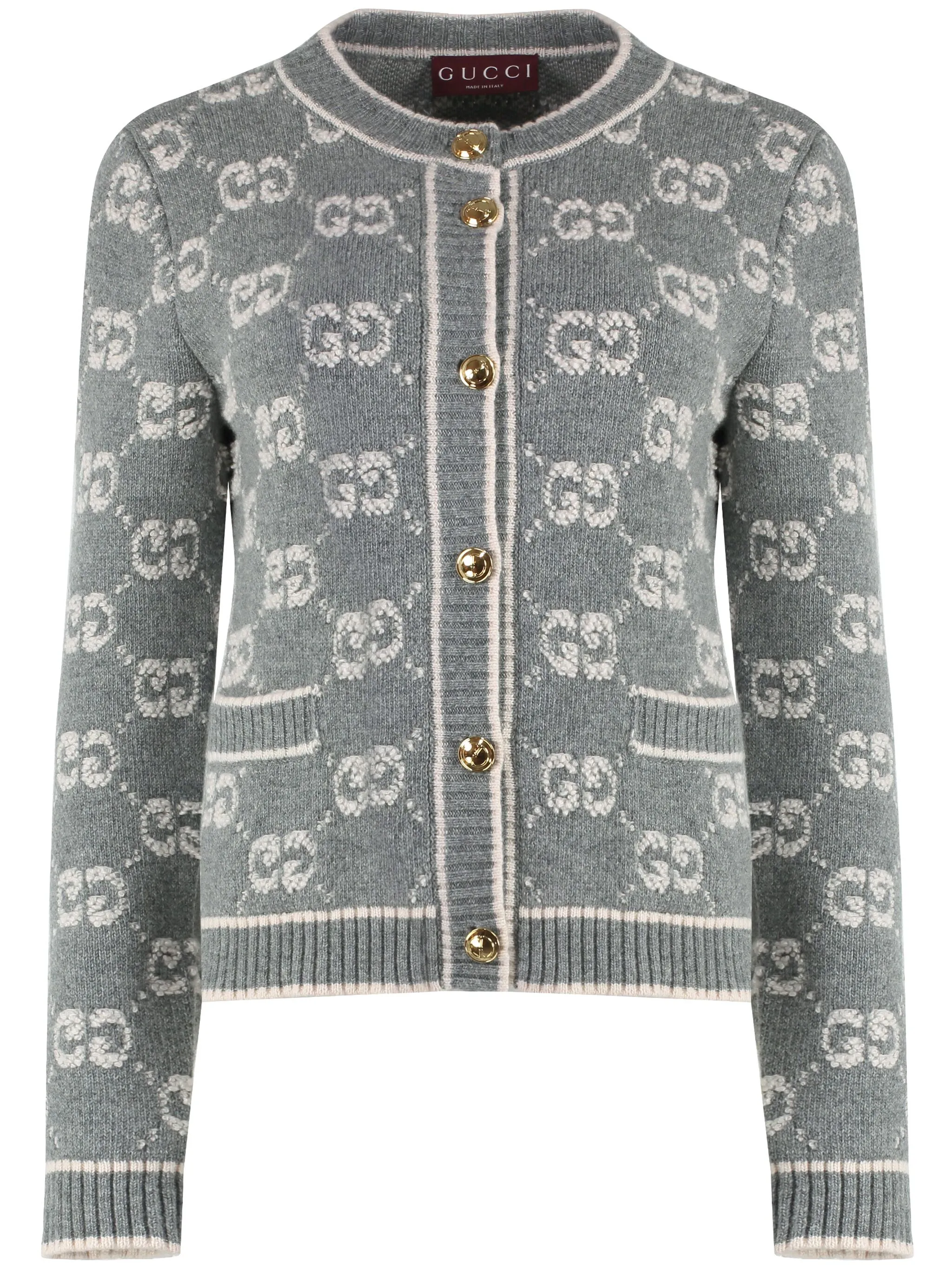 

Шерстяной жаккардовый кардиган с логотипом GG Gucci, серый