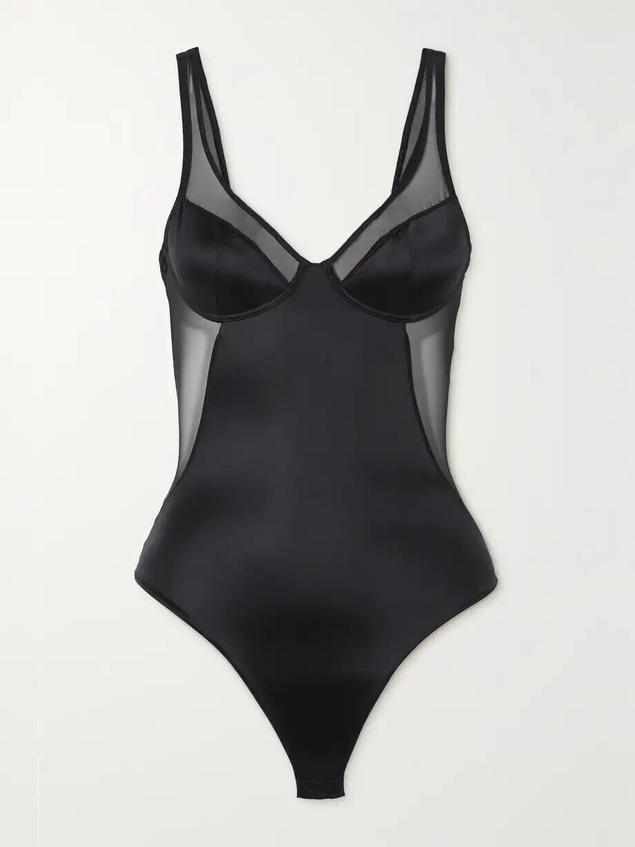

Моделирующее боди из эластичного атласа с сетчатой ​​отделкой Spanx, черный